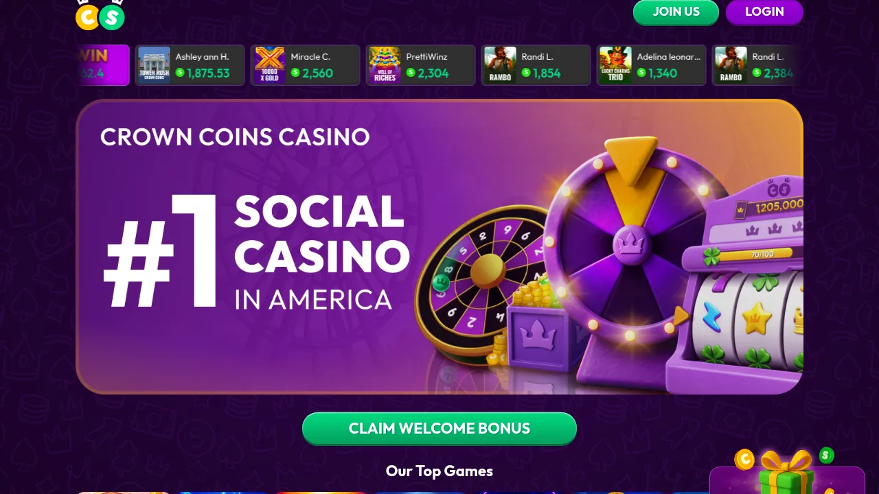 Crown Coins Casino lobby with Crown Coins and Sweeps Coins game categories