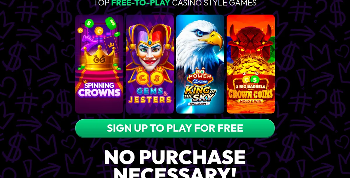 Crown Coins Casino games lobby showing slot tiles and coin balance