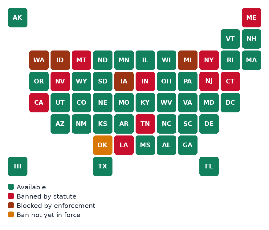 Map of US states where sweepstakes casinos operate