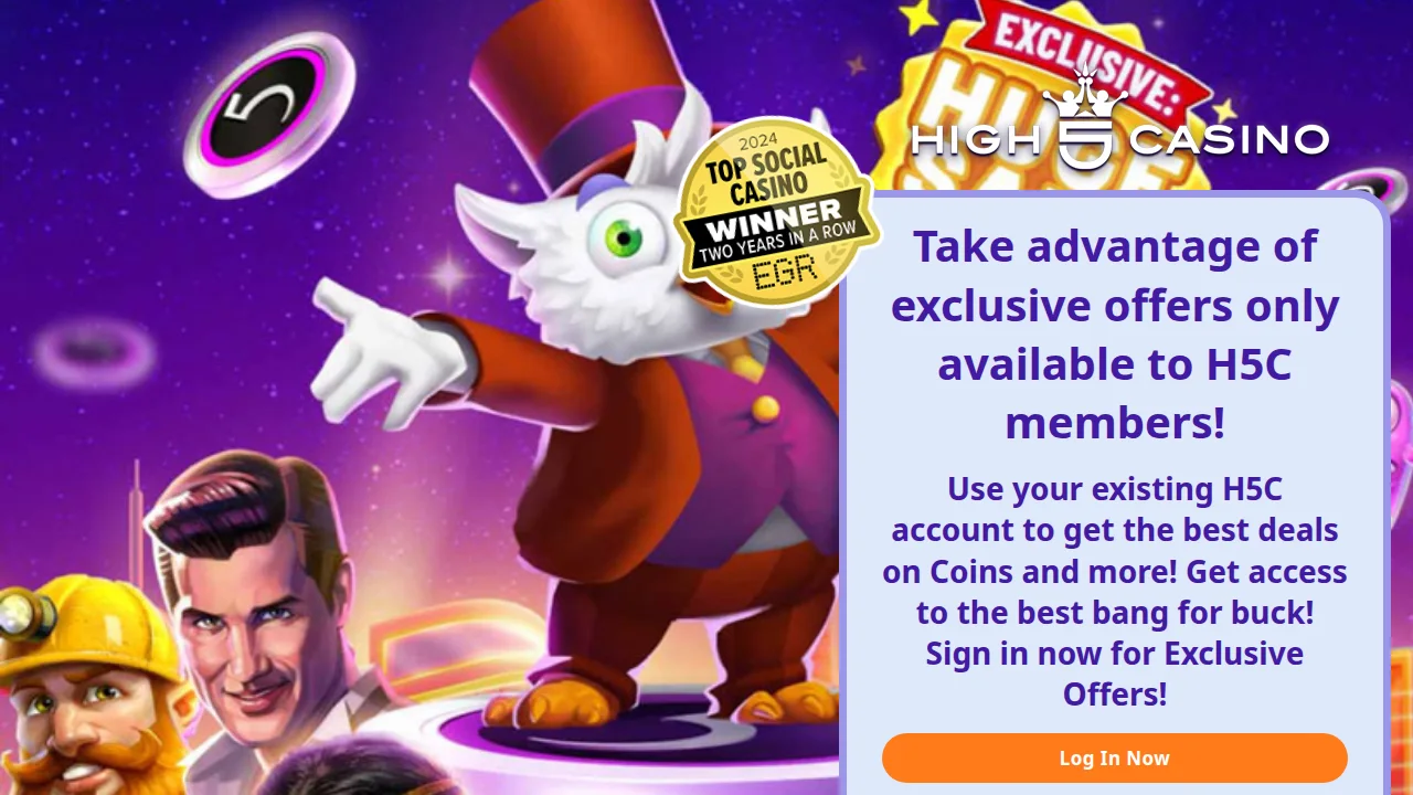 High 5 Casino's signed-out landing screen with the log-in prompt for member coin offers