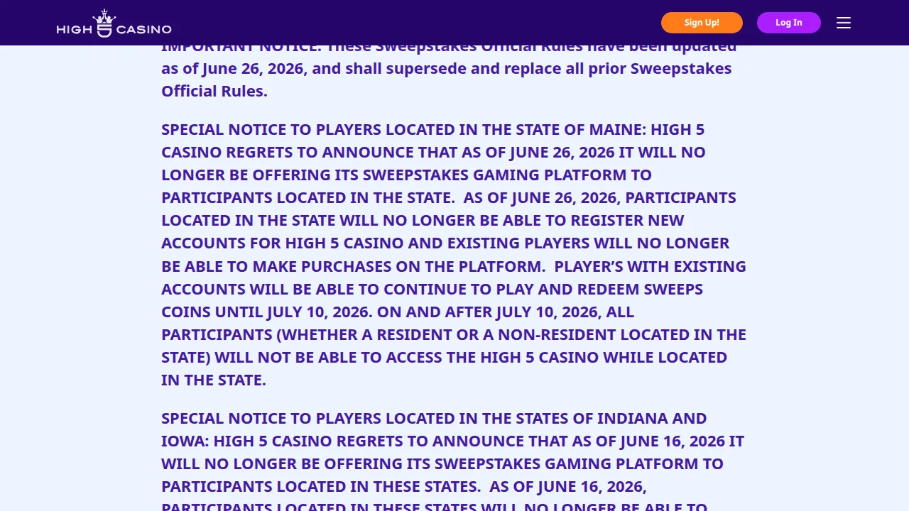 High 5 Casino's official sweepstakes rules, updated 26 June 2026