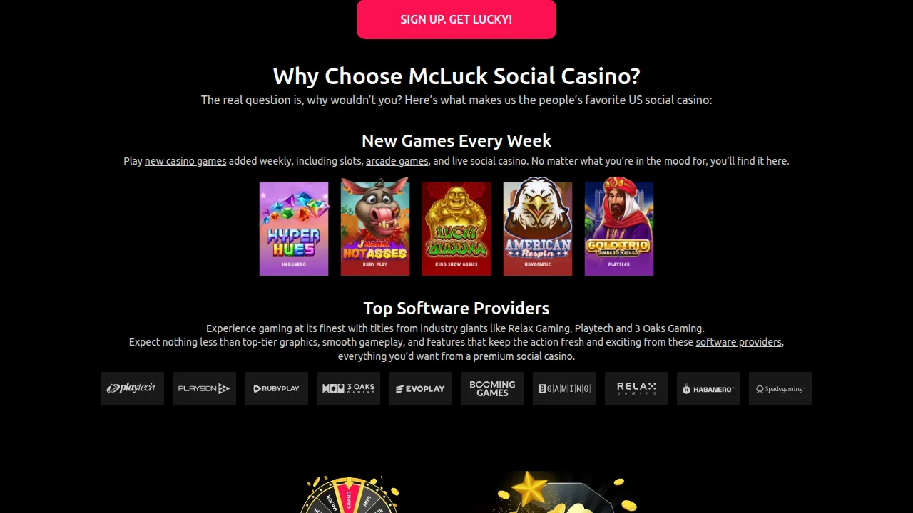 McLuck sweepstakes casino lobby showing slot tiles and Sweeps Coins balance