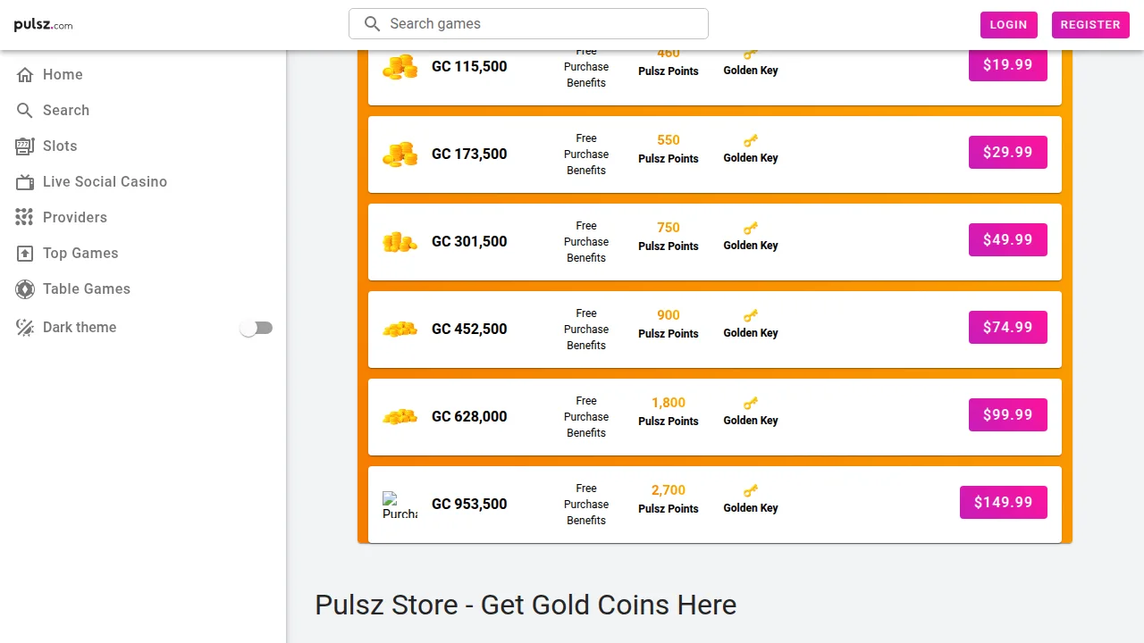 The Pulsz coin packages: the price buys Gold Coins and the free Sweeps Coins ride along at no extra cost