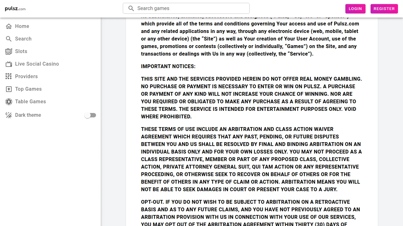 Pulsz's terms of use, in the operator's own capitals: the site does not offer real money gambling, n